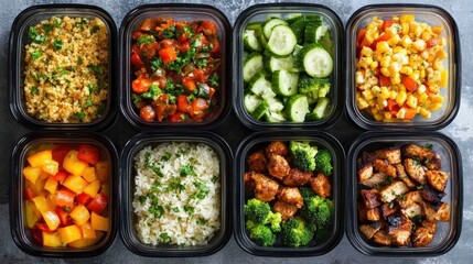 A flat lay of meal prep containers filled with colorful, healthy meals