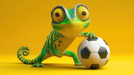 Fototapeta premium A cartoon chameleon with large eyes poses with a soccer ball against a bright yellow background.