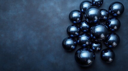 A cluster of glossy black spheres on a textured dark surface.