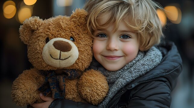 A Heartfelt Goodbye: Young Boy Holds His Teddy Bear Before Departing on a New Adventure