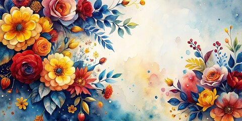 Vibrant Watercolor Floral Arrangement with a Delicate and Colorful Palette Featuring Roses, Dahlias, and Other Blossoms on a Soft Background