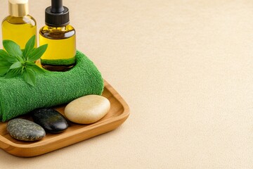 A beautiful arrangement of Ayurvedic oils, fresh herbs, and massage stones displayed on a wooden tray