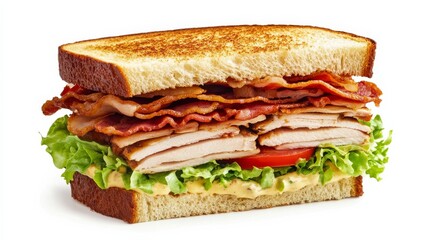 A perfectly assembled turkey club sandwich with layers of turkey, bacon, lettuce