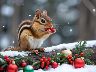 A chipmunk enjoys red berries amidst a winter wonderland of ornaments and snow, photography of nature concept.