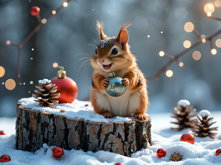 Cheerful squirrel holding ornament surrounded by winter decorations and snow, photography of animal portrait concept.