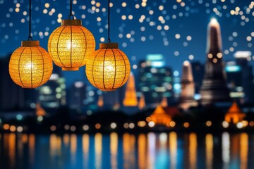 Fototapeta premium A breathtaking night view of Ayutthaya temples under a starlit sky, with lanterns floating in the river