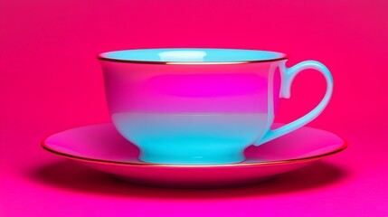 Pastel Teacup on Pink: A delicate blue and pink teacup with a gold rim sits on a matching saucer against a vibrant pink background. The colors create a calming and feminine aesthetic.