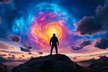 A lone astronaut standing on an asteroid, gazing out at a swirling nebula and distant stars