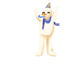 Snowman wearing scaft and party hat