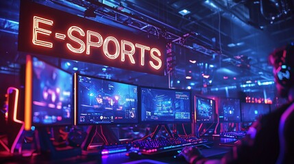 Dynamic e-sports poster featuring intense gameplay, focused players, vibrant LED lights, and enthusiastic crowds, embodying the thrill of competitive gaming.