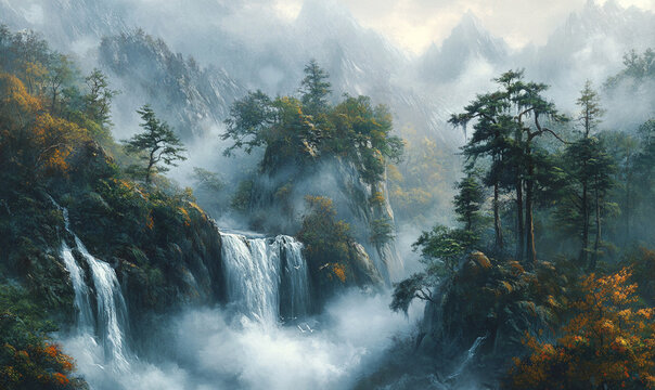 A trapical rainforest with fogs and cloudy, a high waterfall in the natral forest