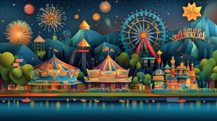A vibrant amusement park scene with rides, fireworks, and a serene lake at night.