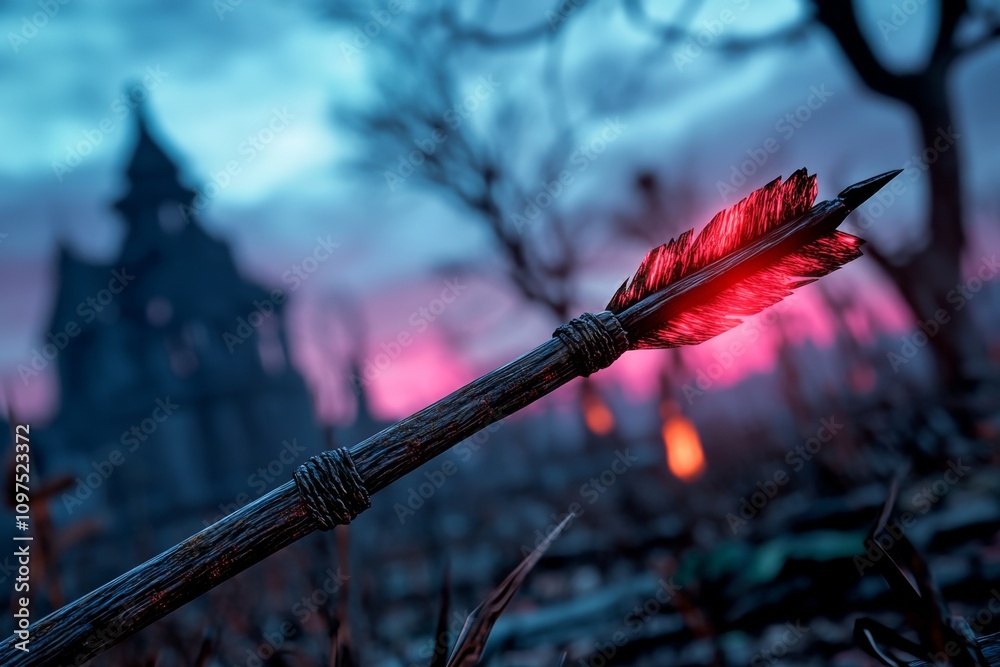 Leinwandbilder a shadowy arrow glowing faintly with red light, set against a moody gothic background of vines and r