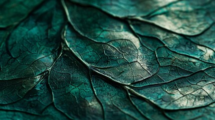 Fototapeta premium A close-up of a textured green leaf reveals intricate veins and vibrant hues, highlighting the beauty of nature's design.