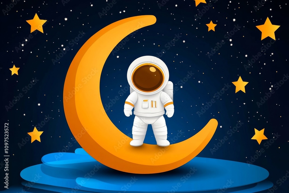 Poster A simple representation of an astronaut standing on a crescent moon, drawn in a flat style with soft pastel tones