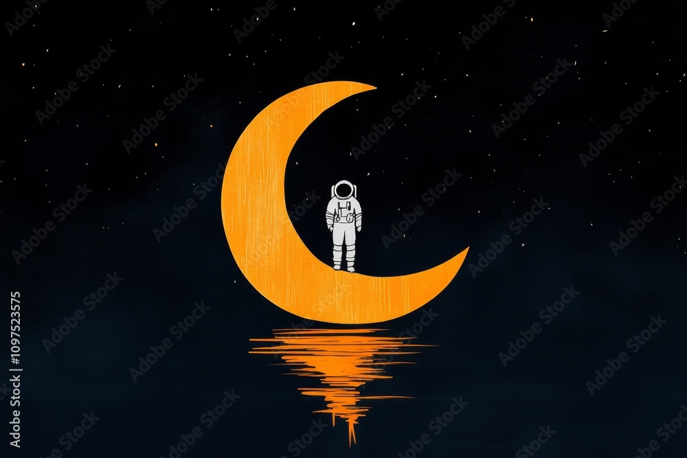 Aufkleber A simple representation of an astronaut standing on a crescent moon, drawn in a flat style with soft pastel tones