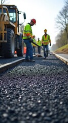 Team of Road Construction Workers Laying Fresh Hot Asphalt