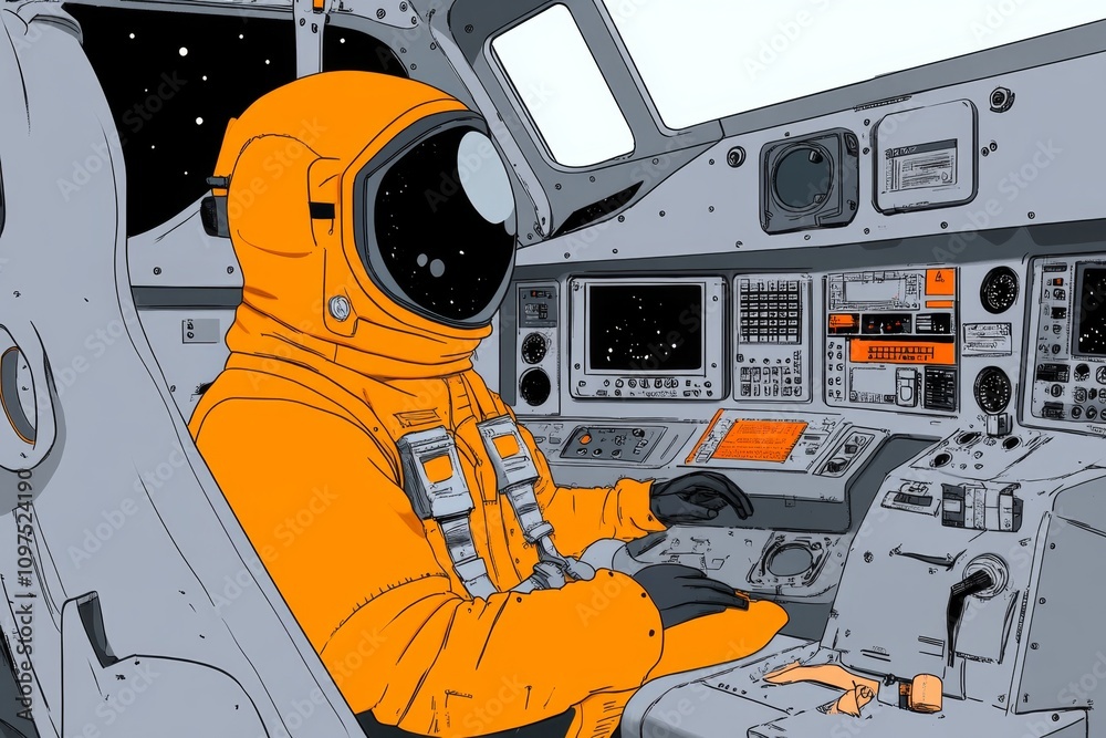Poster a space station interior with astronauts floating in zero gravity, surrounded by advanced technology