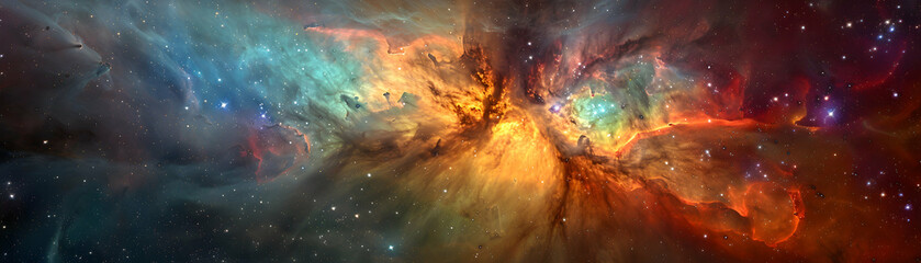 Naklejka premium Vibrant nebula in space with swirling colors and stars.