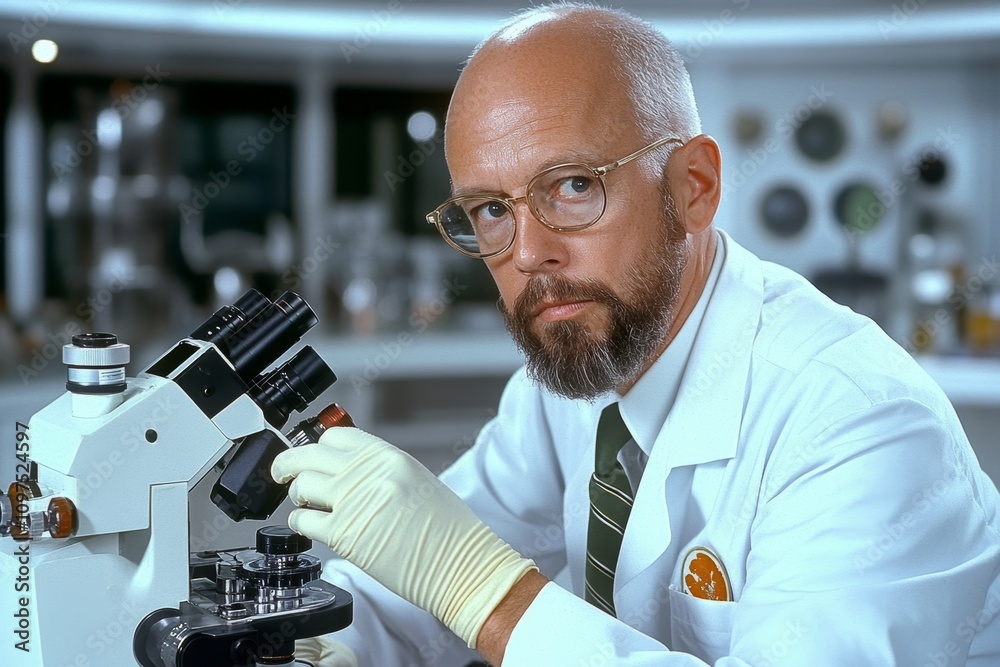 Poster A technician testing a sample of suspected asbestos material in a lab, wearing gloves and using a microscope