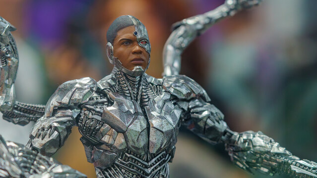 9th Comic Con Convention In GUAYAQUIL, ECUADOR - AUG 04, 2024 - Highly detailed DC Comics Cyborg figure with metallic armor, showcasing futuristic design and robotic elements.