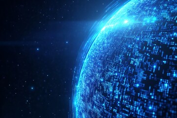 Naklejka premium Futuristic Digital Technology Background with Blue Toned City Silhouette,Code Patterns,and Glowing Earth Outline