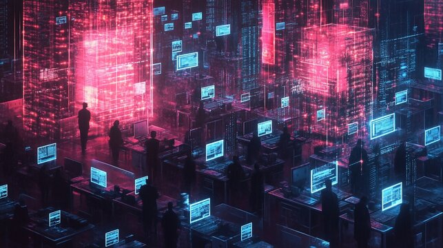 Futuristic data center with numerous workers analyzing glowing digital information screens.