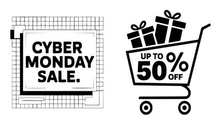 A promotional design set for Cyber Monday sales, featuring bold black-and-white visuals with up to 50% off details. Perfect for online stores, social media ads, email campaigns, and web banners.