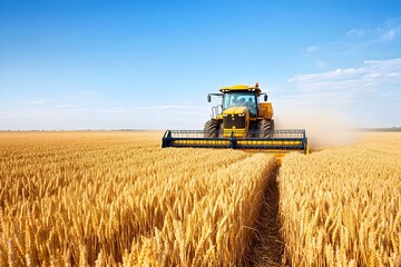 Obraz premium Aerial View of Harvester Working in Golden Wheat Field During Harvest Season on Smart Farm