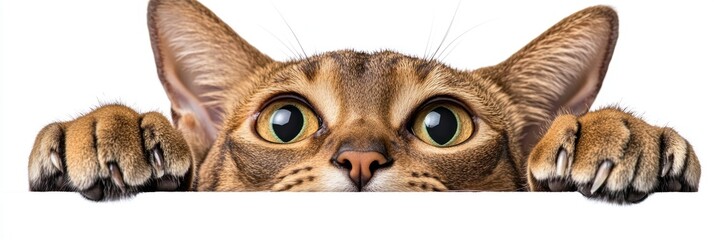 Fototapeta premium A curious cat peeking over a surface, showcasing its expressive eyes and paws.