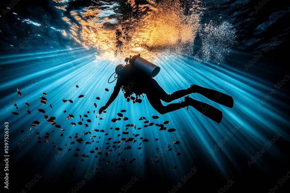 Poster aquatic diver exploring a shipwreck, with beams of light cutting through the shadows and schools of 