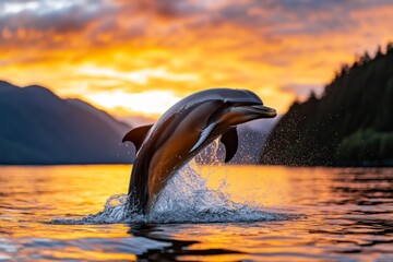 Fototapeta premium Aquatic dolphin breaching the surface, with water splashing and a vibrant sunset in the background
