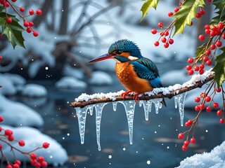 A vibrant kingfisher perched on icy branches in a winter wonderland, digital painting of nature photography concept.