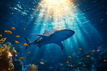 Fototapeta premium Aquatic habitat featuring a large whale shark, surrounded by small fish and divers observing from a distance