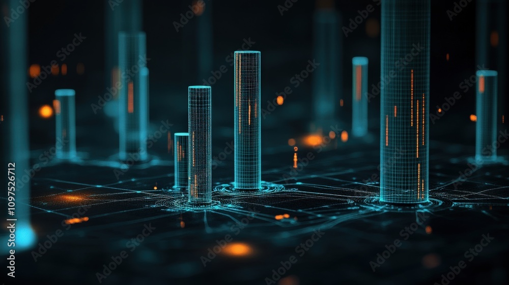 Poster Abstract Data Visualization with 3D Bars and Lines in Dark Background, Representing Digital Information and Analytics for Modern Technology Concepts