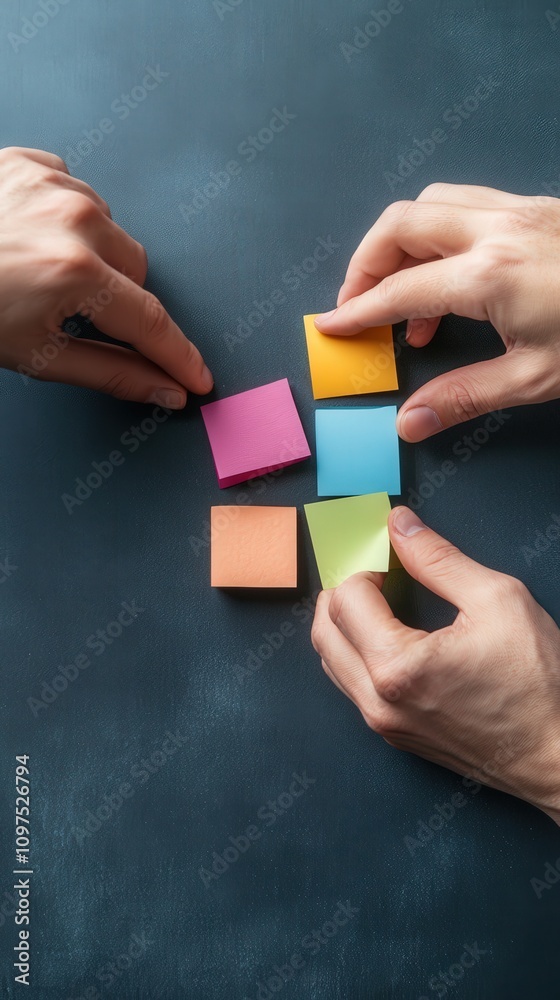 Poster creative hands arranging colorful sticky notes on a dark surface for brainstorming, planning, and or