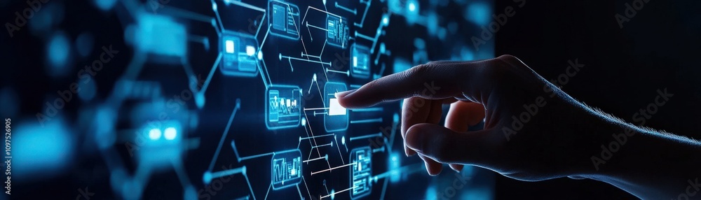 Aufkleber Interactive Touchscreen Interface Displaying Digital Connections in a Futuristic High-Tech Environment for Innovation and Technology Concepts