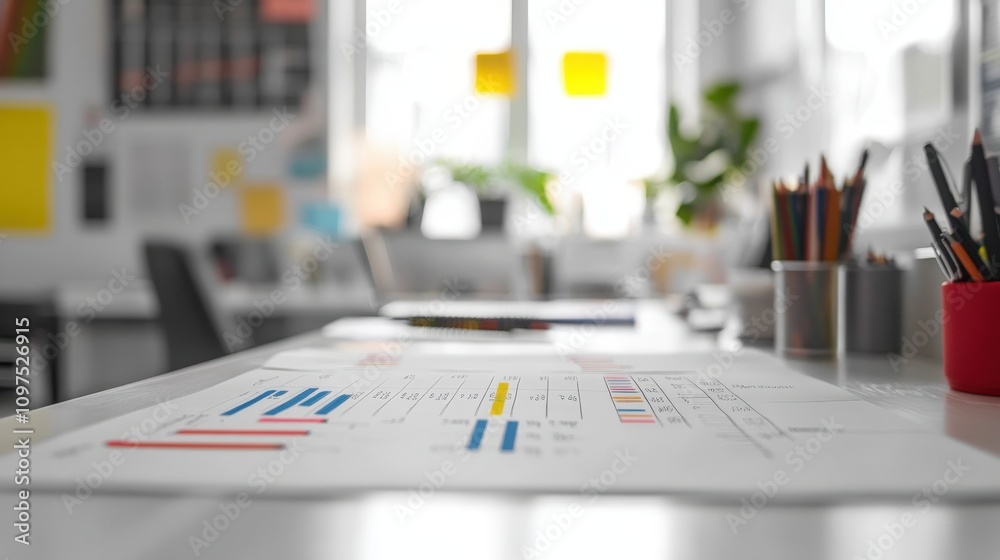 Poster bright and modern office workspace with charts, graphs, and creative elements on desk surrounded by 