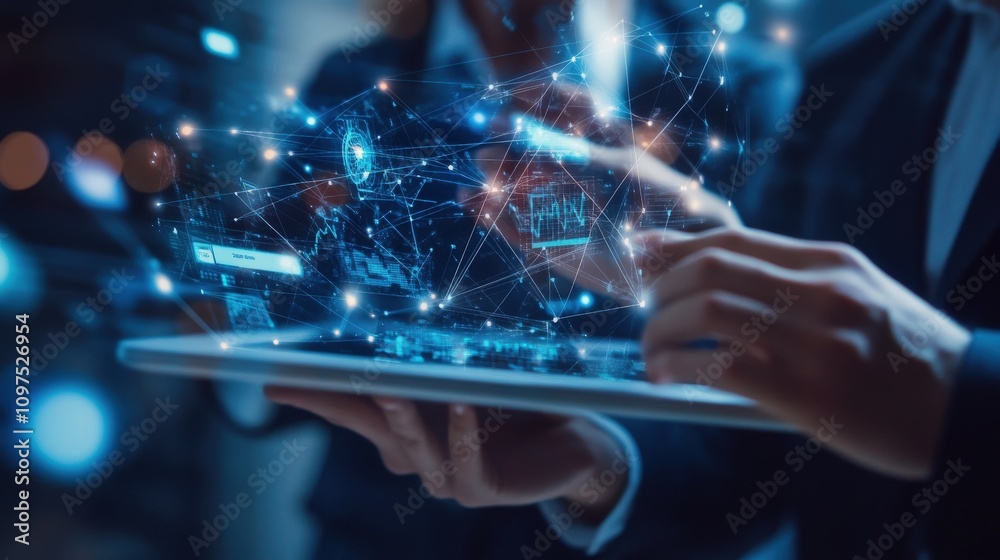 Poster Professional Man Using Laptop with 3D Digital Data Visualization and Network Connections in a Modern Business Environment for Technology and Innovation Concepts