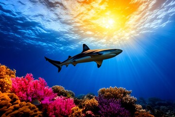 Fototapeta premium Aquatic reef shark swimming confidently in shallow waters, with vibrant coral and sunlight creating a dramatic scene