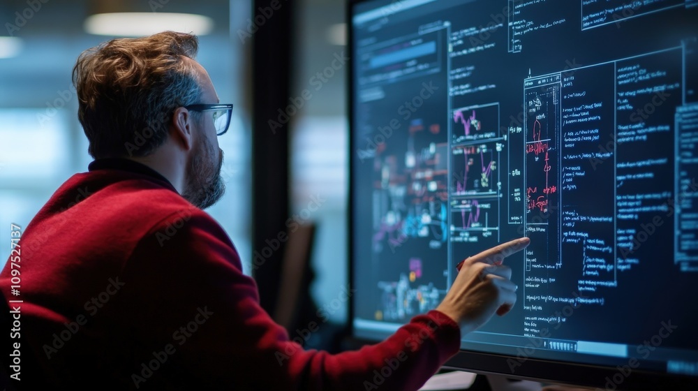 Aufkleber Professional male analyst examining complex data visualizations on a large digital screen while working in a modern office environment with focused concentration.