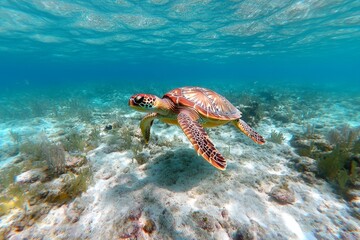 Fototapeta premium Aquatic turtle gliding gracefully in the ocean, surrounded by schools of fish and soft ocean currents