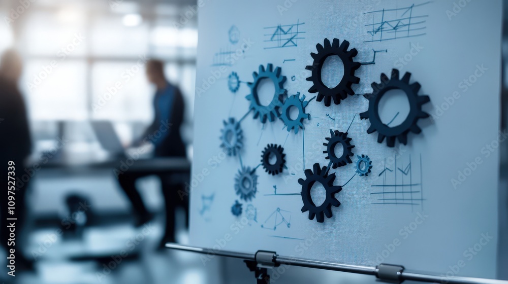 Poster Detailed Visualization of Gears and Graphs Representing Business Strategy and Innovation on a Canvas in a Modern Office Environment