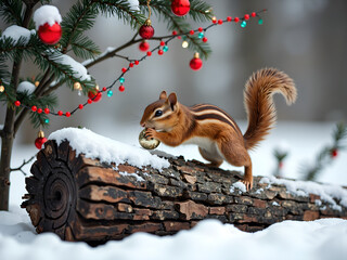 Obraz premium Cheerful chipmunk gathering acorns amidst festive holiday decor, photography of nature concept.