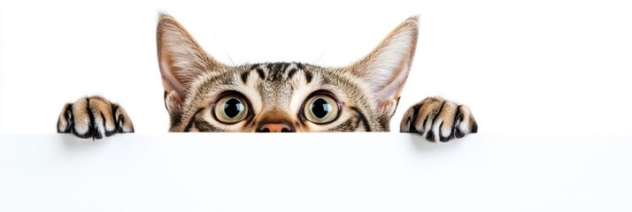 Obraz premium A curious cat peeks over a white surface, showcasing its large eyes and paws.