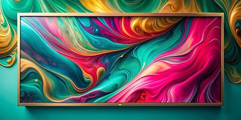 Vibrant Abstract Swirl Painting in a Modern Gold Frame on Teal Background