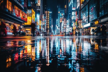 Obraz premium Night city street reflecting vibrant lights in rain puddles; urban cityscape at night with blurred motion of people walking.