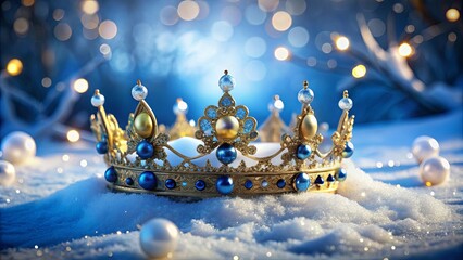 A regal gold and blue jeweled crown rests in pristine snow, illuminated by a soft winter glow.
