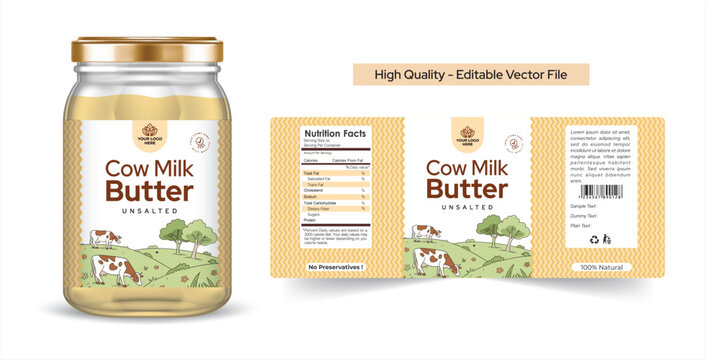 Cow Butter and Pure Ghee Label Designs with Jar 3D Mockup Premium Packaging and Branding for Luxury Dairy Products Vector Illustration