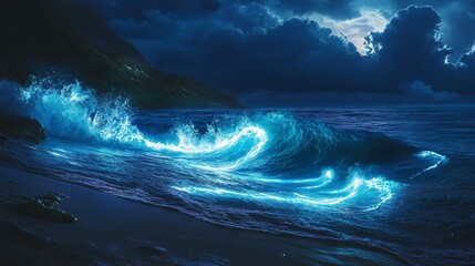 Fototapeta premium Glowing blue waves crashing on a dark beach at night under a stormy sky.